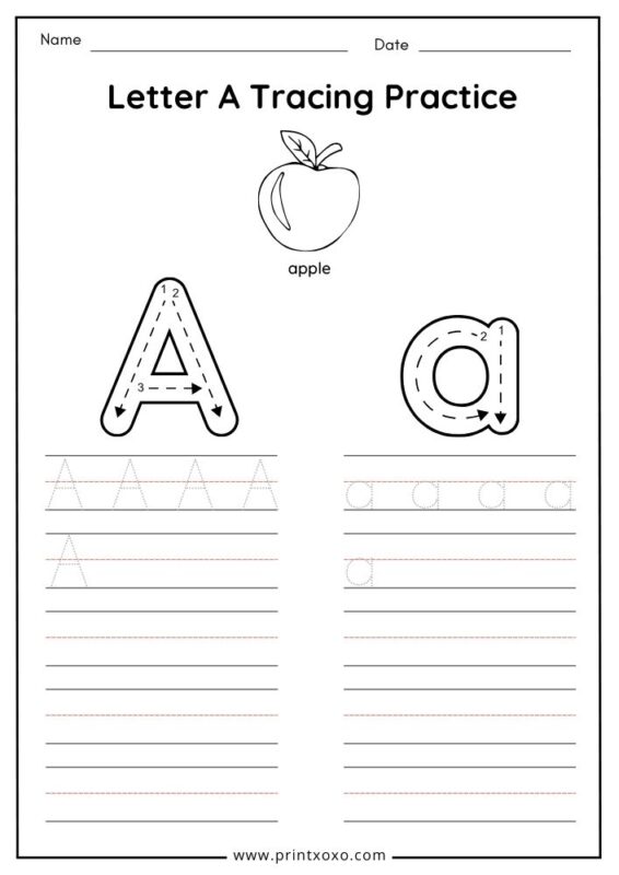 Letter A tracing worksheet free printable PDF for preschool and kindergarten kids