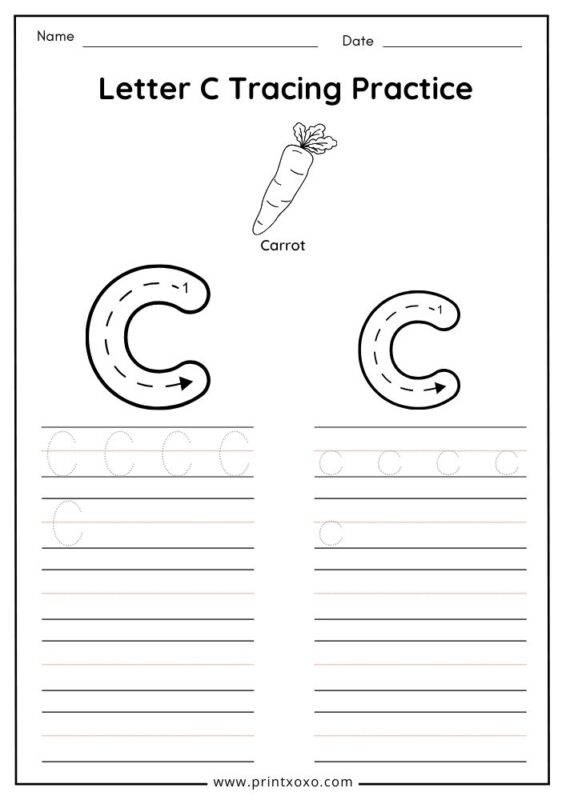 Letter C tracing worksheet free printable PDF for preschool and kindergarten kids