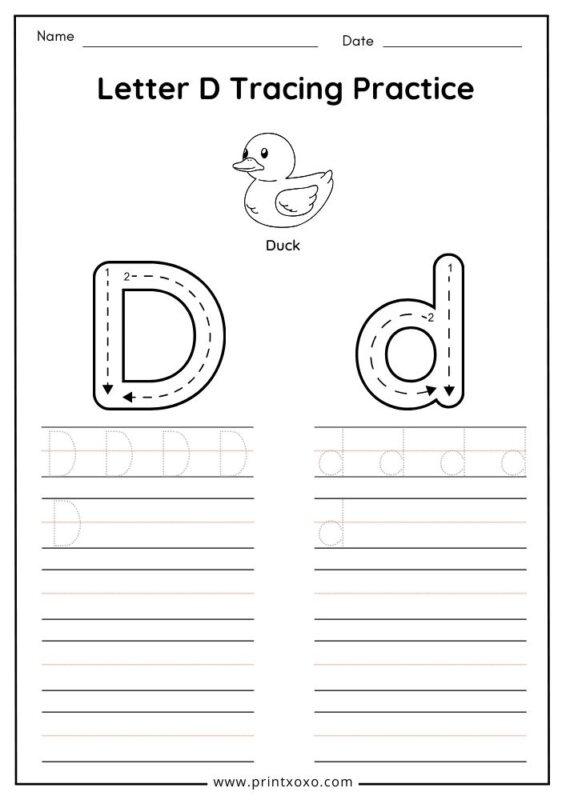 Letter D tracing worksheet free printable PDF for preschool and kindergarten kids