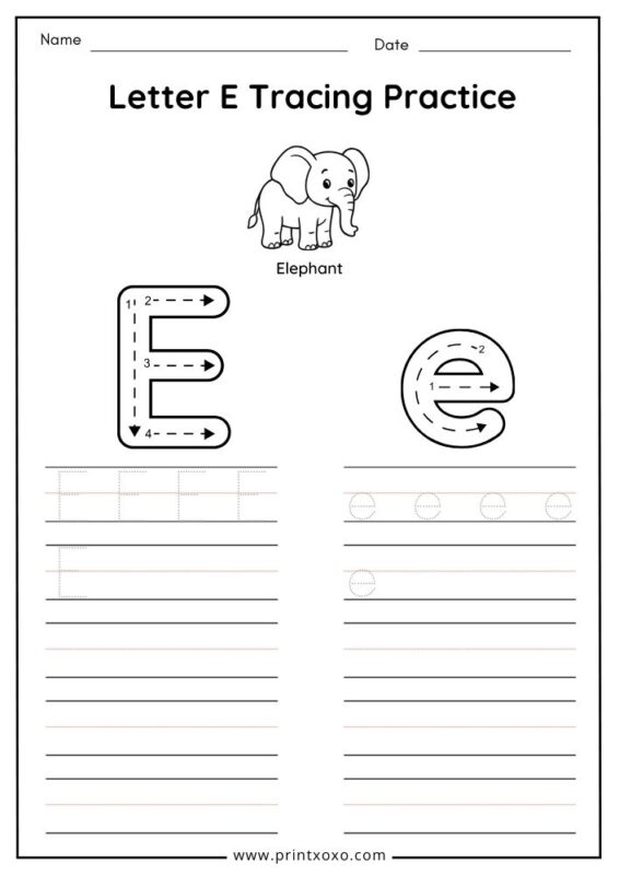 Letter E tracing worksheet free printable PDF for preschool and kindergarten kids