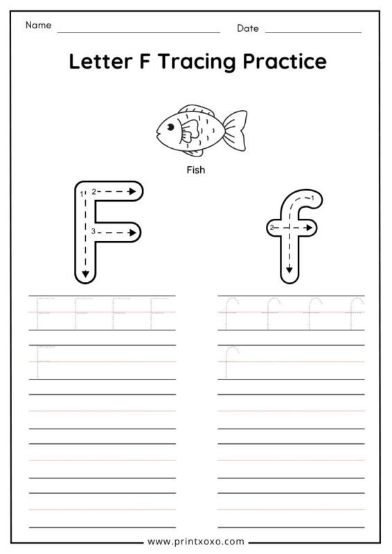 Letter F tracing worksheet free printable PDF for preschool and kindergarten kids
