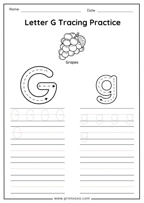 Letter G tracing worksheet free printable PDF for preschool and kindergarten kids