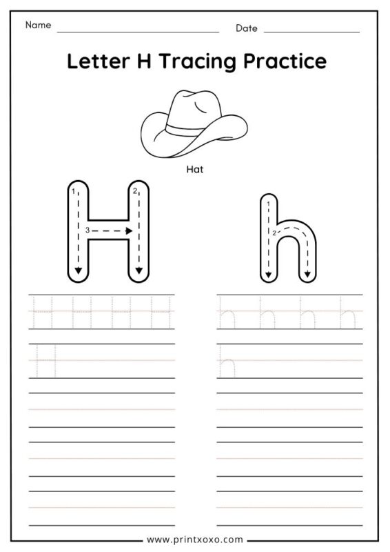 Letter H tracing worksheet free printable PDF for preschool and kindergarten kids