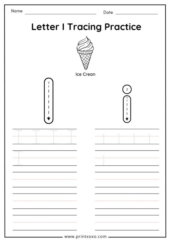 Letter I tracing worksheet free printable PDF for preschool and kindergarten kids