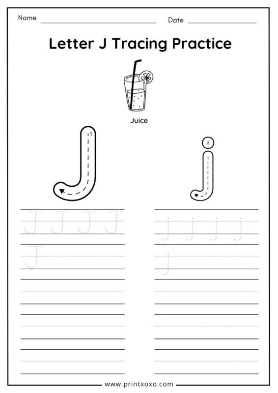 Letter J tracing worksheet free printable PDF for preschool and kindergarten kids