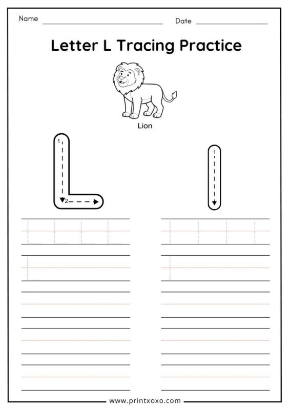 Letter L tracing worksheet free printable PDF for preschool and kindergarten kids