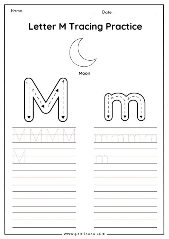 Letter M tracing worksheet free printable PDF for preschool and kindergarten kids