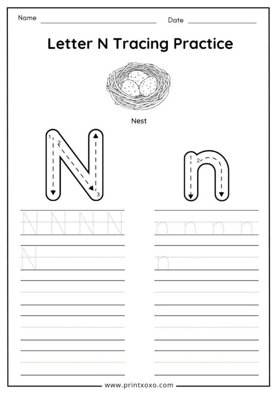 Letter N tracing worksheet free printable PDF for preschool and kindergarten kids