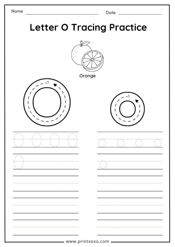 Letter O tracing worksheet free printable PDF for preschool and kindergarten kids