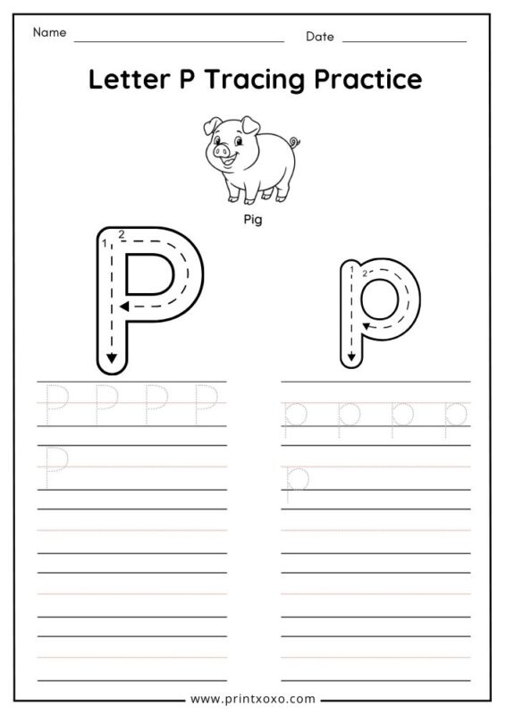Letter P tracing worksheet free printable PDF for preschool and kindergarten kids