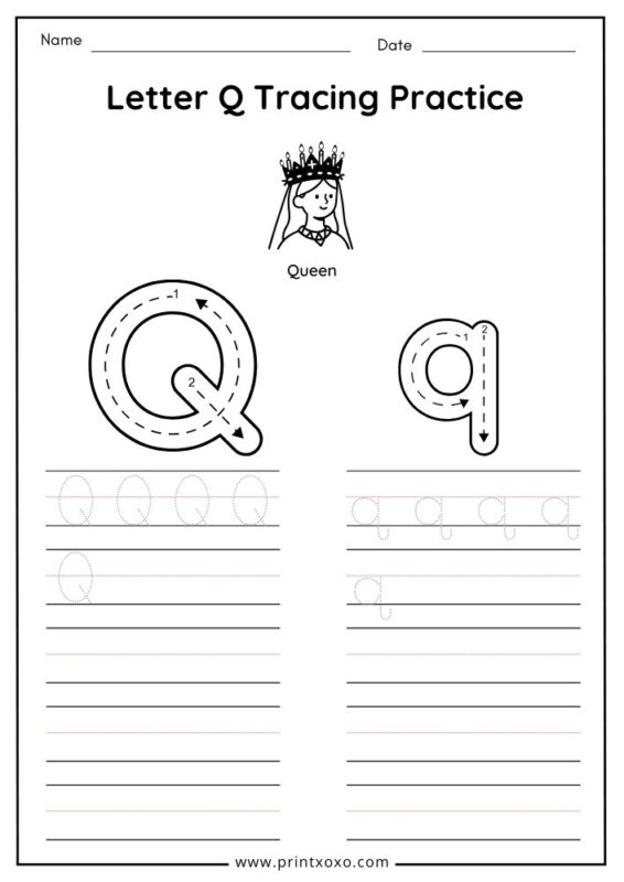 Letter Q tracing worksheet free printable PDF for preschool and kindergarten kids