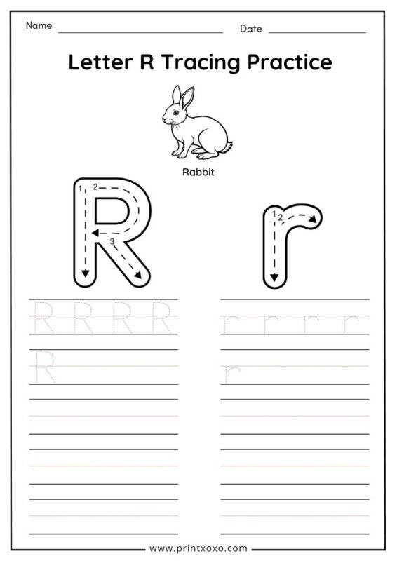 Letter R tracing worksheet free printable PDF for preschool and kindergarten kids