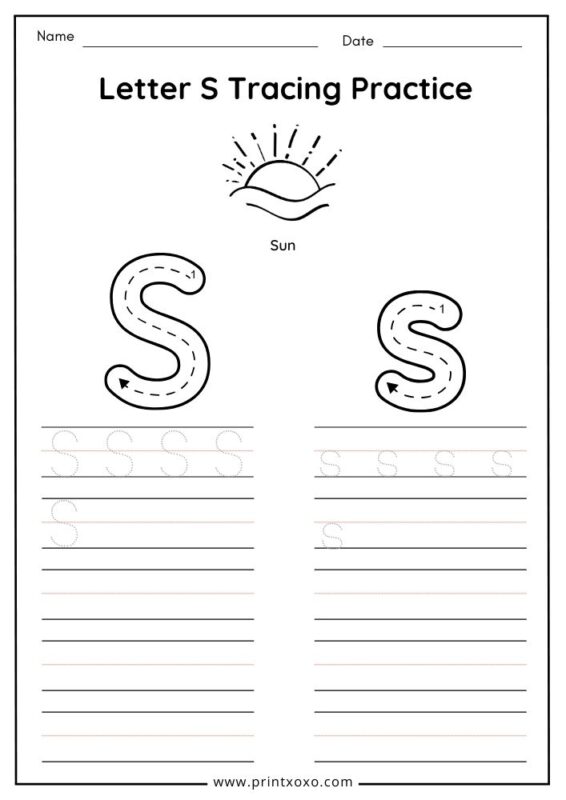 Letter S tracing worksheet free printable PDF for preschool and kindergarten kids