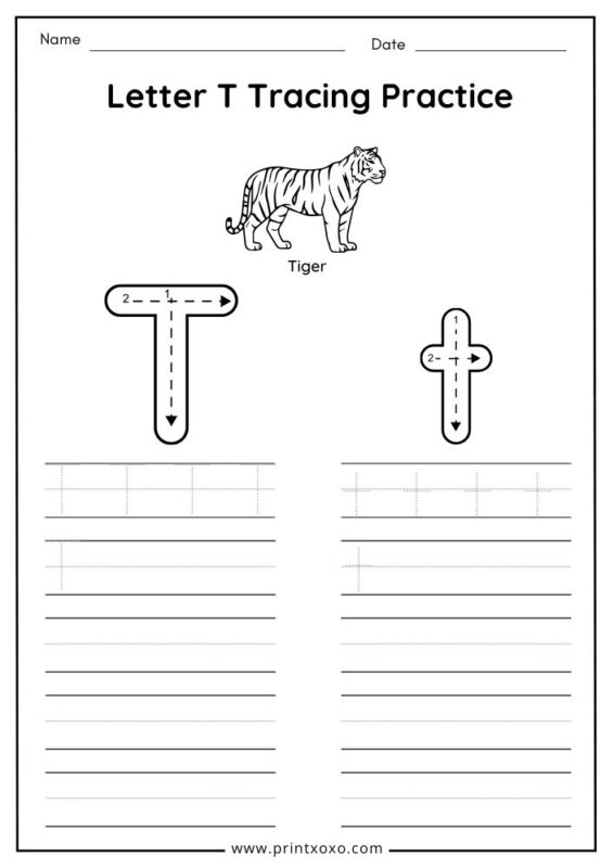 Letter T tracing worksheet free printable PDF for preschool and kindergarten kids