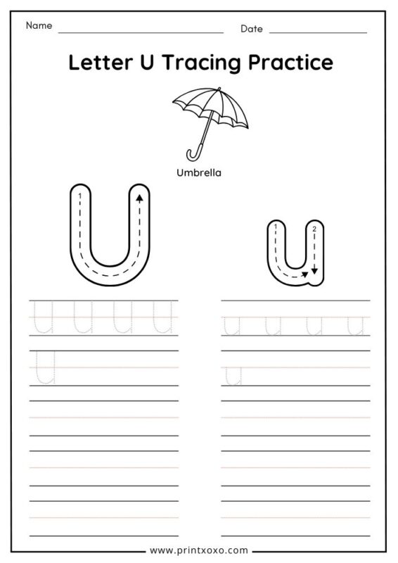Letter U tracing worksheet free printable PDF for preschool and kindergarten kids