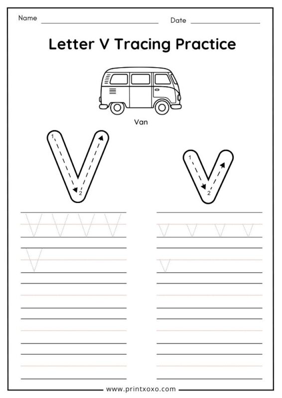 Letter V tracing worksheet free printable PDF for preschool and kindergarten kids
