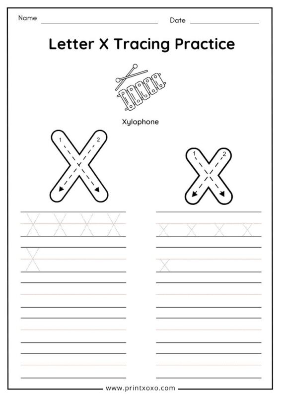 Letter X tracing worksheet free printable PDF for preschool and kindergarten kids