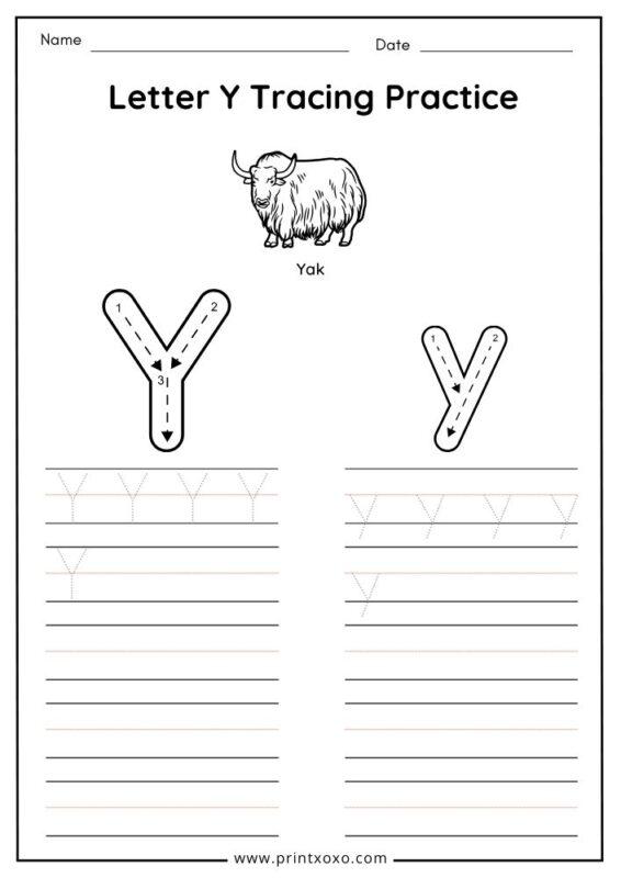 Letter Y tracing worksheet free printable PDF for preschool and kindergarten kids