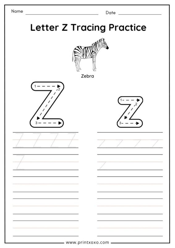 Letter Z tracing worksheet free printable PDF for preschool and kindergarten kids