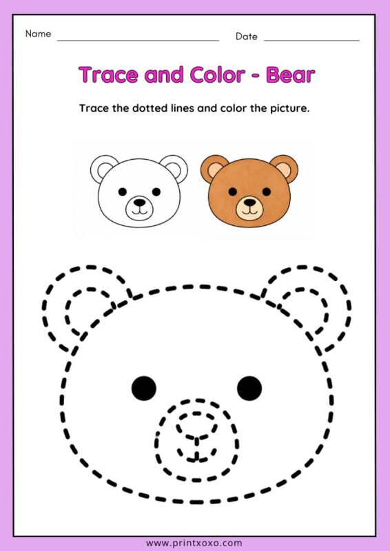 Cute bear animal tracing worksheet for preschool kids with dotted lines for tracing and coloring