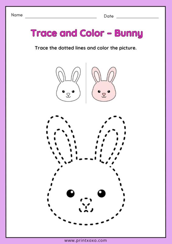 Cute bunny animal tracing worksheet for preschool kids with dotted lines for tracing and coloring practice