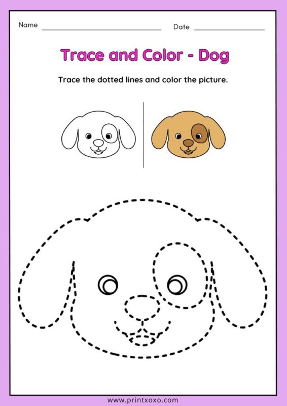 Cute dog animal tracing worksheet for preschool kids with dotted lines for tracing and coloring practice