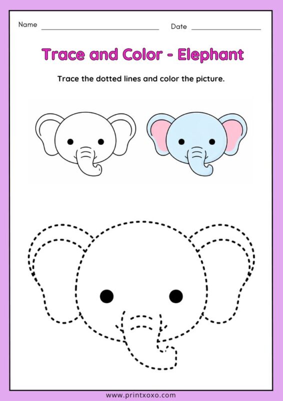 Cute elephant animal tracing worksheet for preschool kids with dotted lines for tracing and coloring