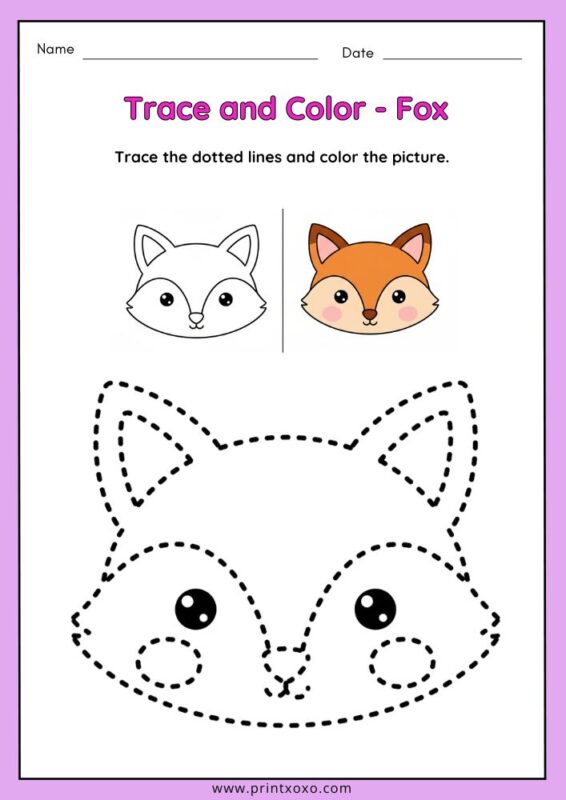 Cute fox animal tracing worksheet for preschool kids with dotted lines for tracing and coloring