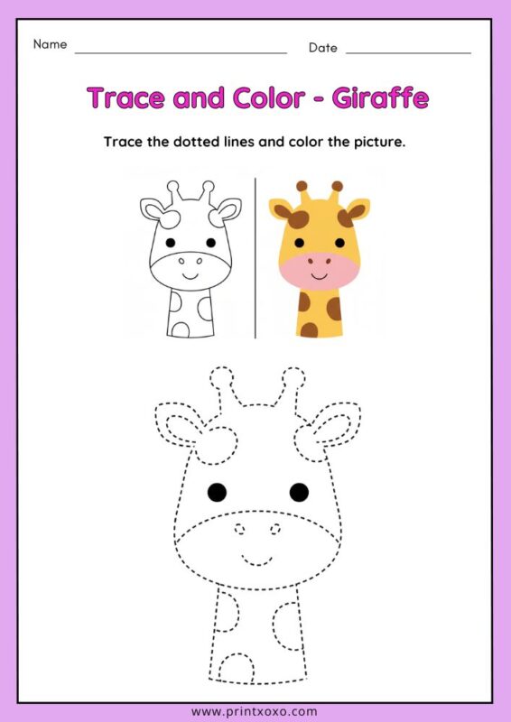 Cute giraffe animal tracing worksheet for preschool kids with dotted lines for tracing and coloring