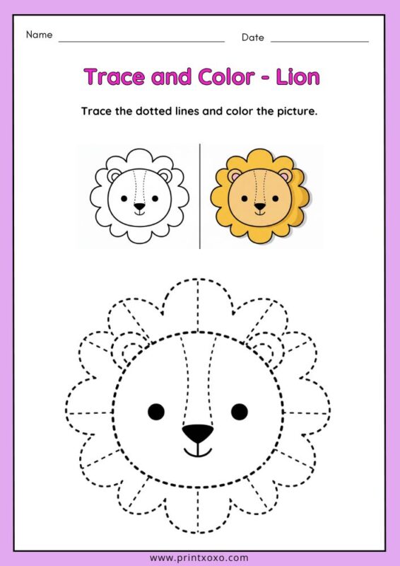 Cute lion animal tracing worksheet for preschool kids with dotted lines for tracing and coloring