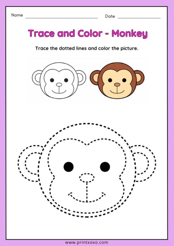 Cute monkey animal tracing worksheet for preschool kids with dotted lines for tracing and coloring