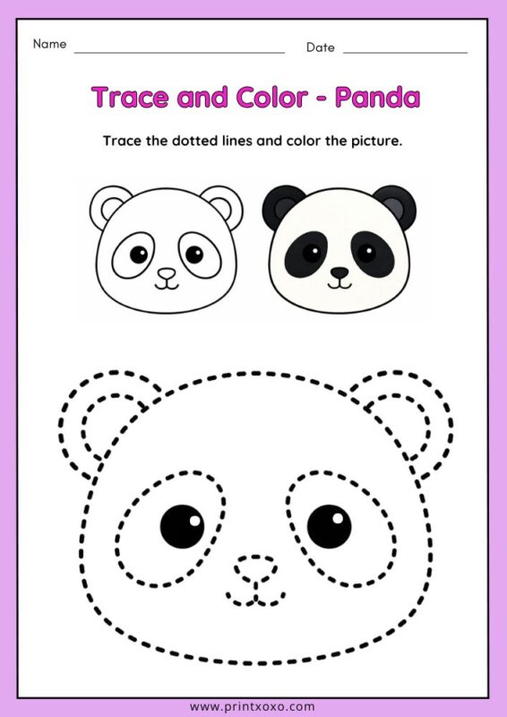 Cute panda animal tracing worksheet for preschool kids with dotted tracing lines for coloring practice