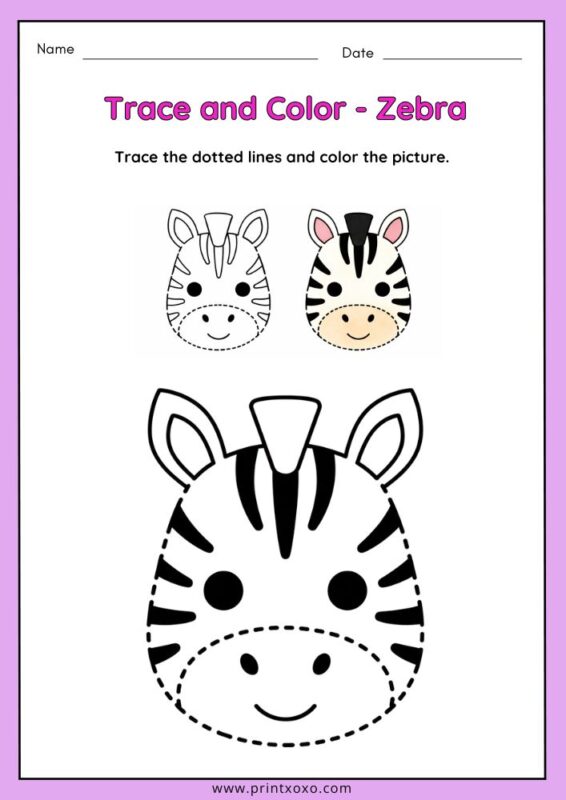 Cute zebra animal tracing worksheet for preschool kids with dotted lines for tracing and coloring