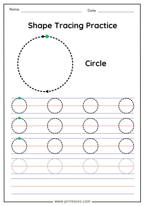 Preschool circle tracing worksheet with dotted outline and directional arrows for tracing practice