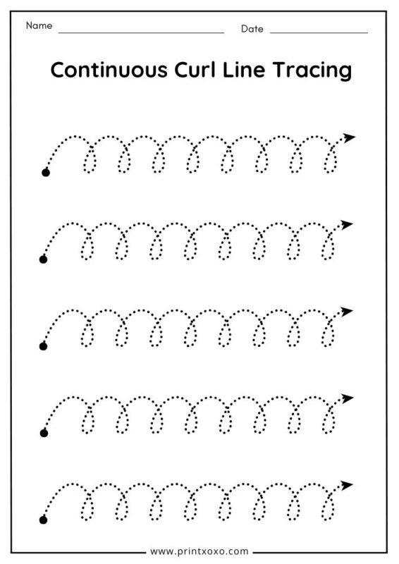 Continuous curl line tracing worksheet for loop pattern practice.