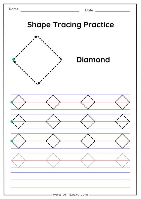 Diamond shape tracing worksheet for preschool with directional arrows