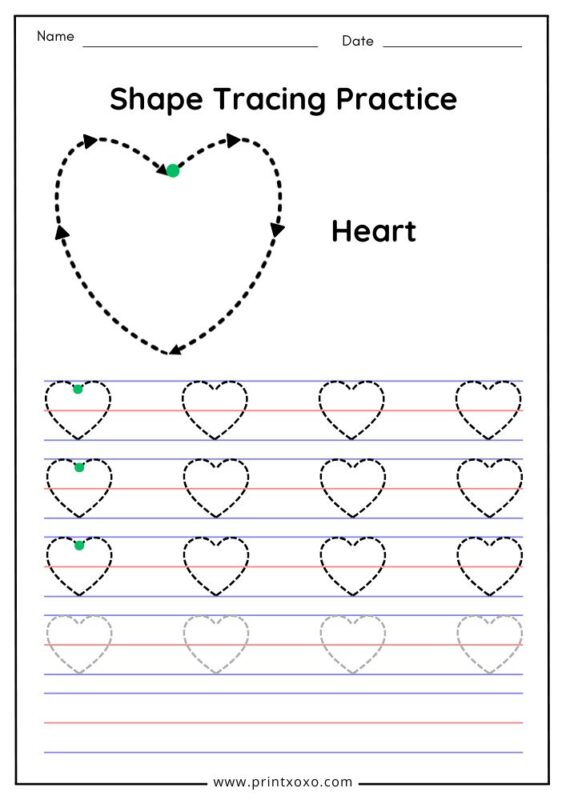 Heart tracing worksheet for preschool with start dot and tracing arrows
