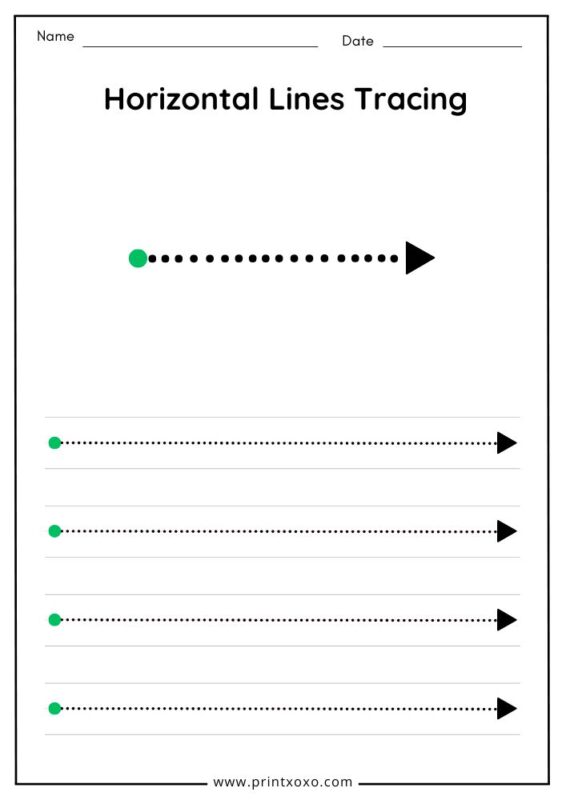 Printable horizontal line tracing worksheet for preschool kids to practice straight pre-writing strokes.