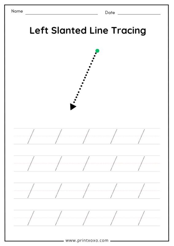 This worksheet helps children practice left-leaning diagonal strokes. It strengthens directional control and improves writing readiness skills.