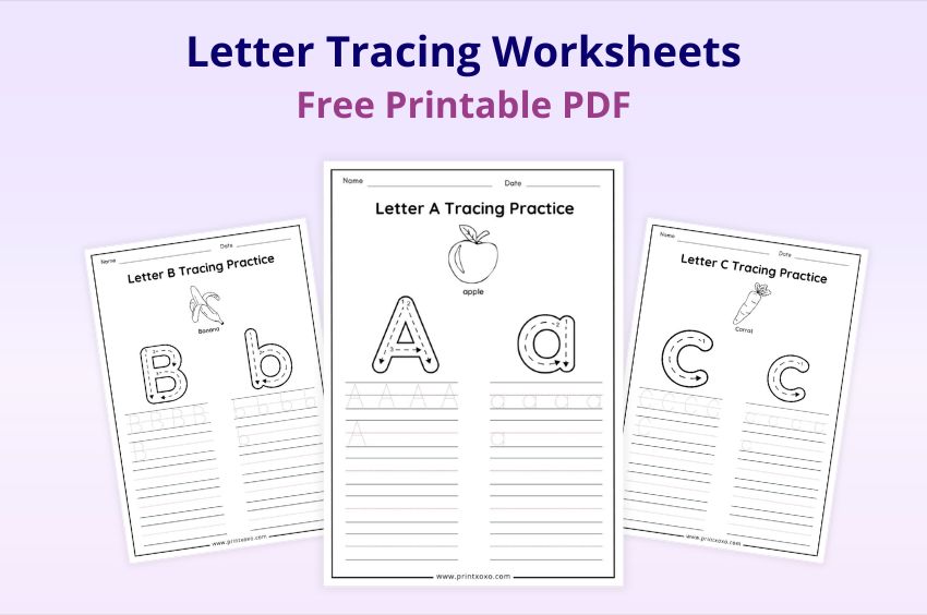Letter tracing worksheets free printable PDF for kids featuring uppercase and lowercase A, B, C practice pages
