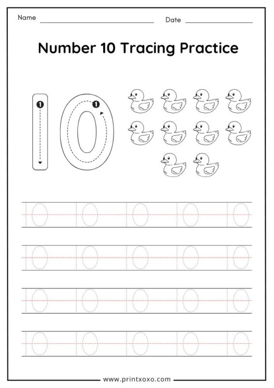 Number 10 tracing worksheet for preschool printable with writing practice lines