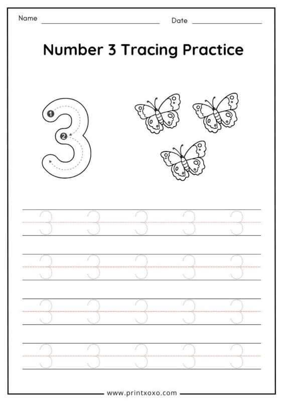 Number 3 tracing worksheet printable for preschool kids with writing practice lines