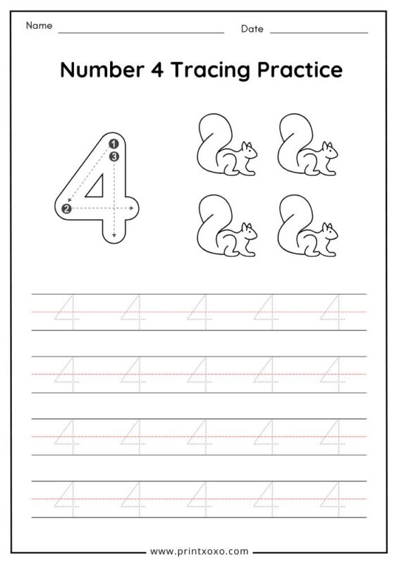 Number 4 tracing worksheet for preschool with guided number writing practice