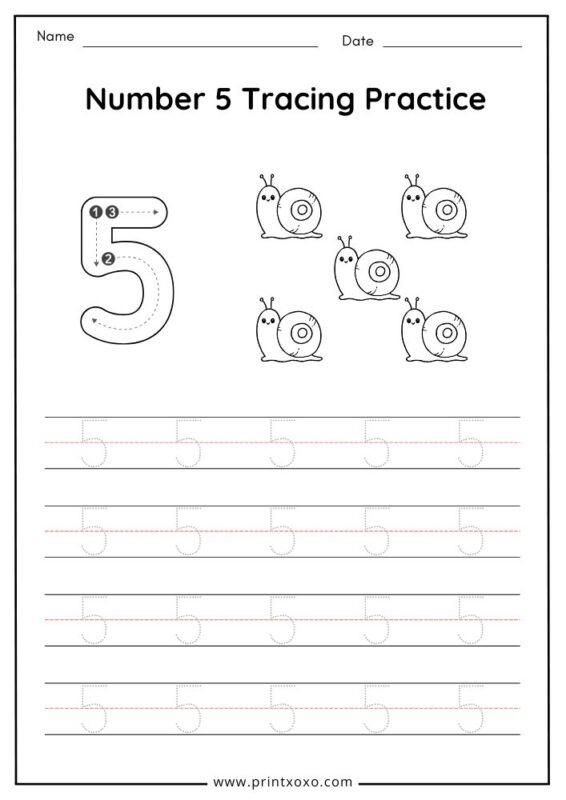 Number 5 tracing worksheet printable for preschool number writing practice