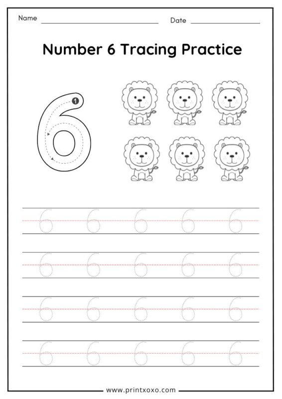 Number 6 tracing worksheet for preschool with handwriting practice lines
