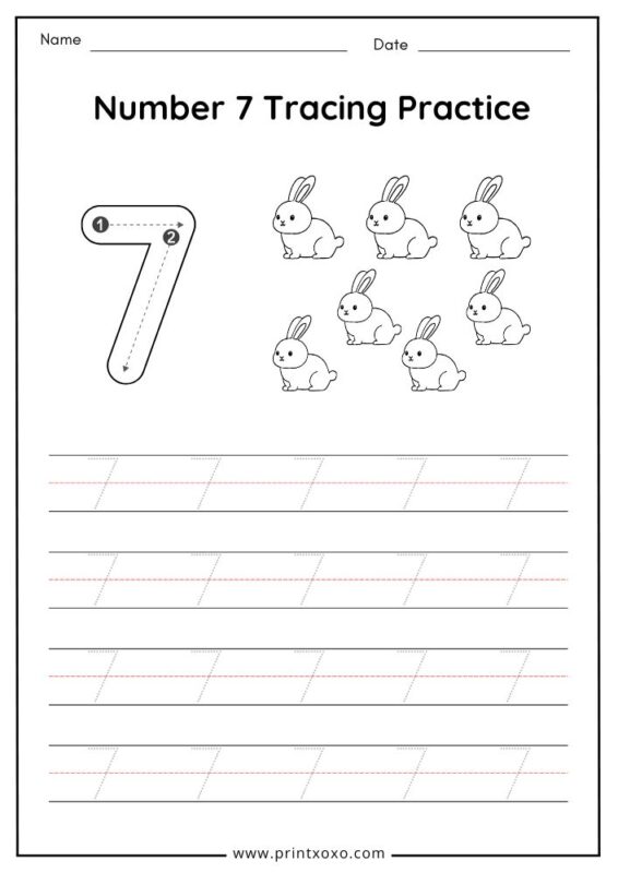 Number 7 tracing worksheet printable for preschool number formation practice
