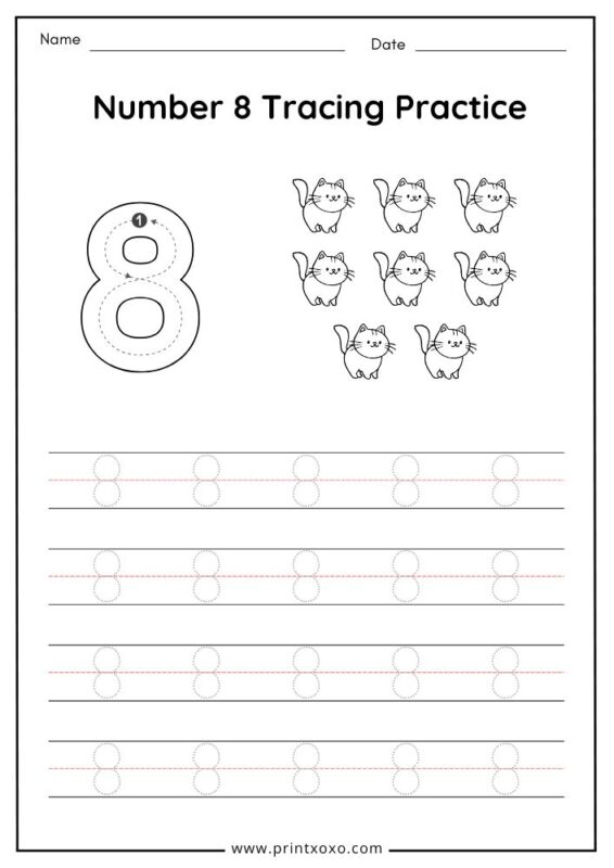 Number 8 tracing worksheet for preschool kids with guided writing practice
