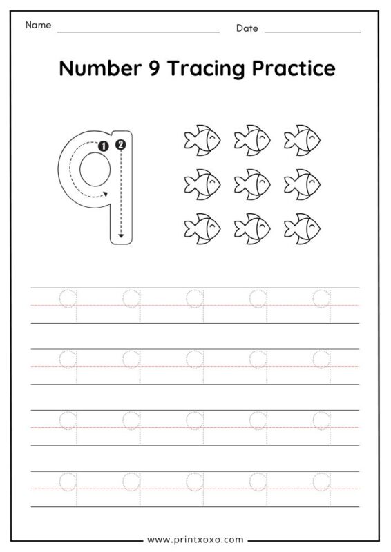 Number 9 tracing worksheet printable for preschool with number writing practice