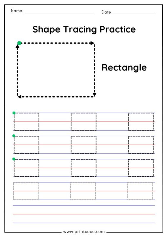Rectangle tracing worksheet for preschool with dotted outline and start point