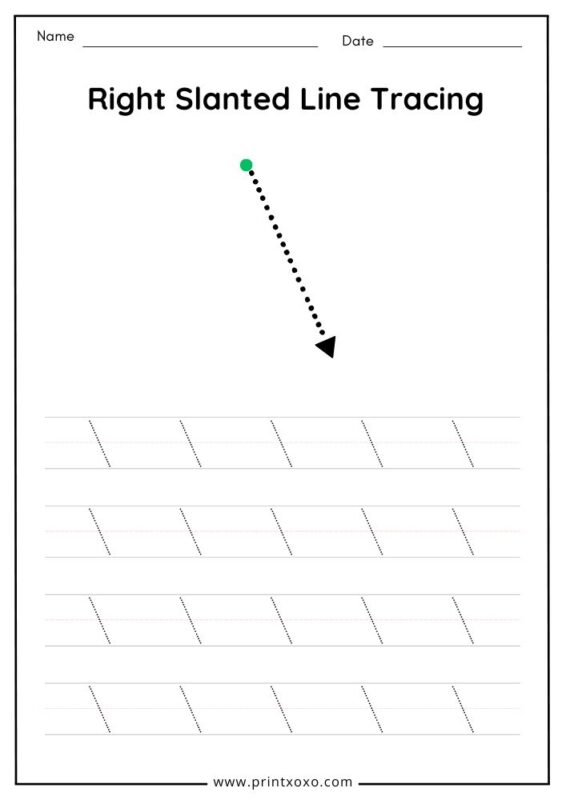 Right slanted line tracing worksheet for preschool diagonal line practice.